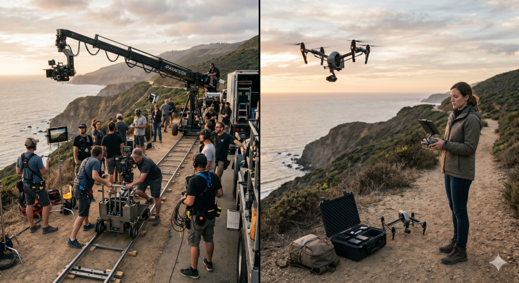 trad film crew vs drone